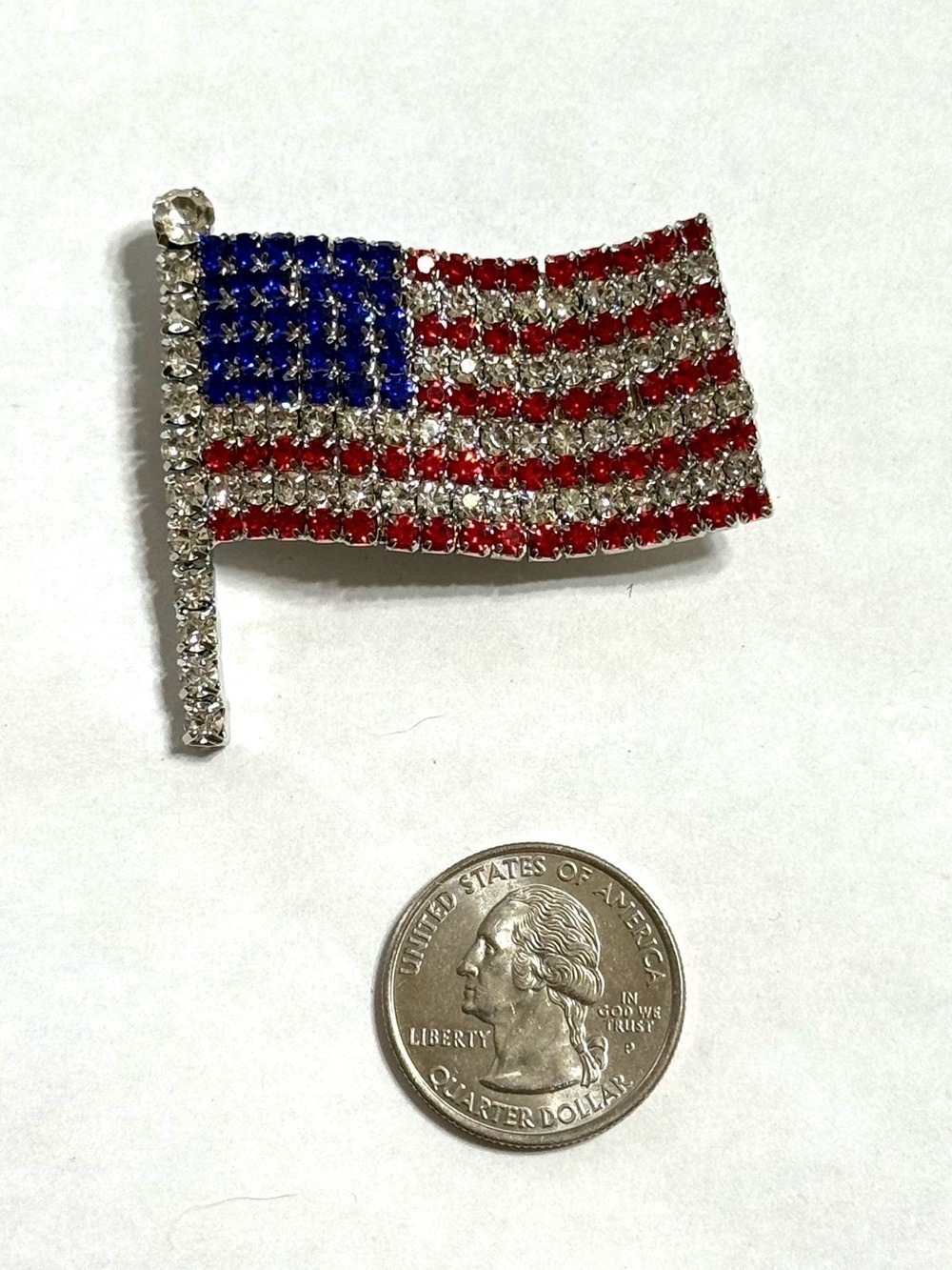 American Flag Rhinestone Pin Brooch Red Blue Clear Patriotic Statement Jewelry - Picture 5 of 6